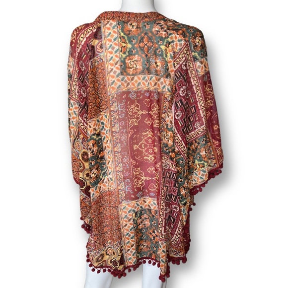 UMGEE Boho Patchwork Kimono with Pom Tassels Oversized Cover Up Top Brown M - Picture 3 of 6